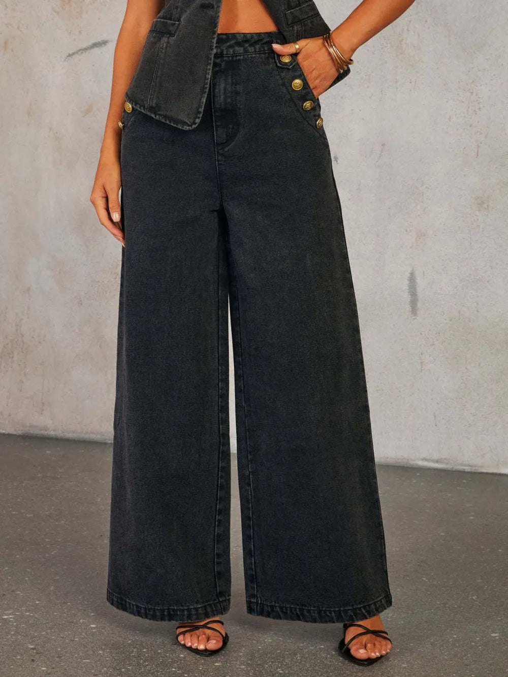 Button Down Vest and Wide Leg Jeans Denim Set, view 8