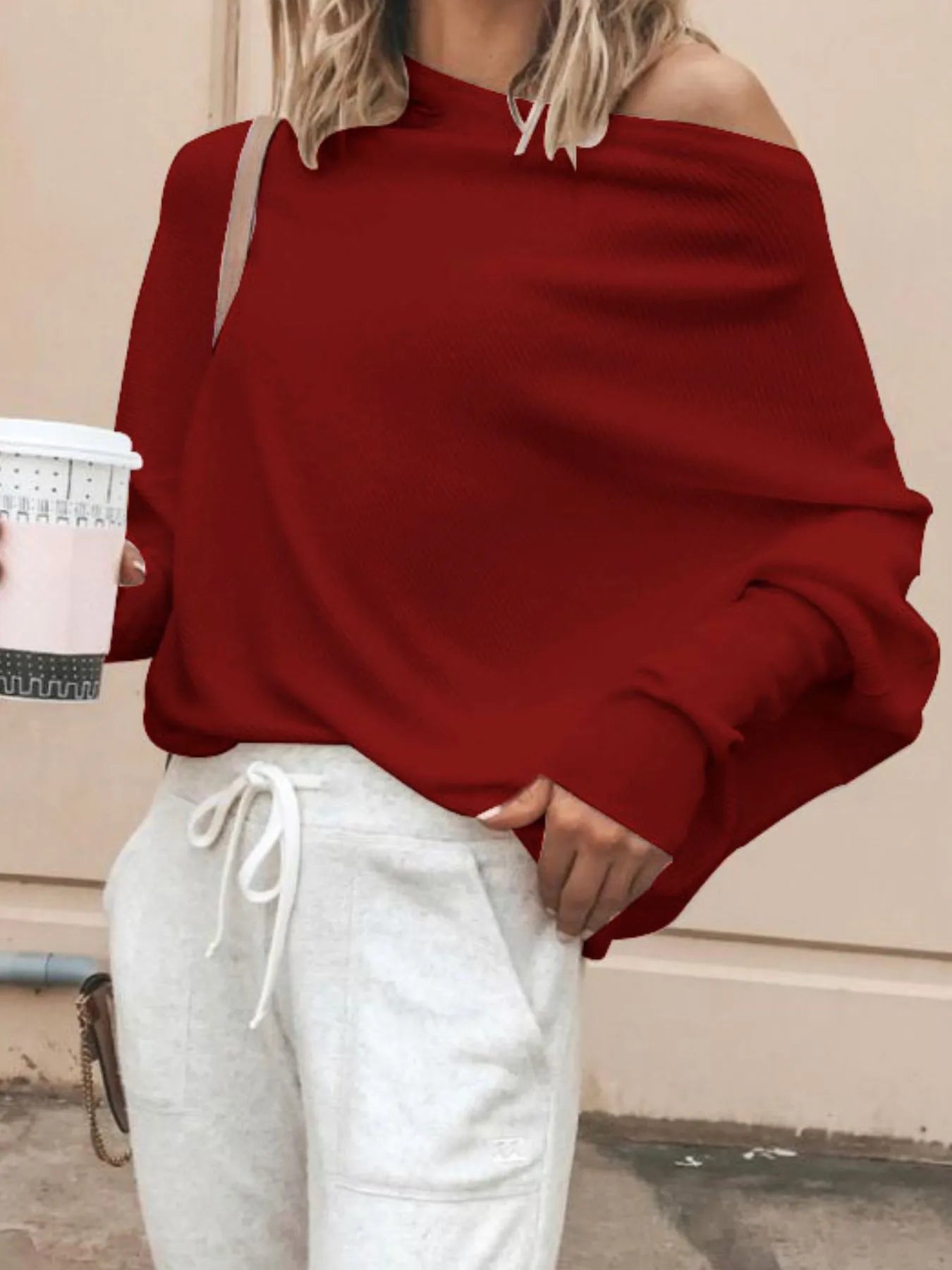 Full Size Single Shoulder Ribbed Knit Top Plus Size Burgundy - Fashorio