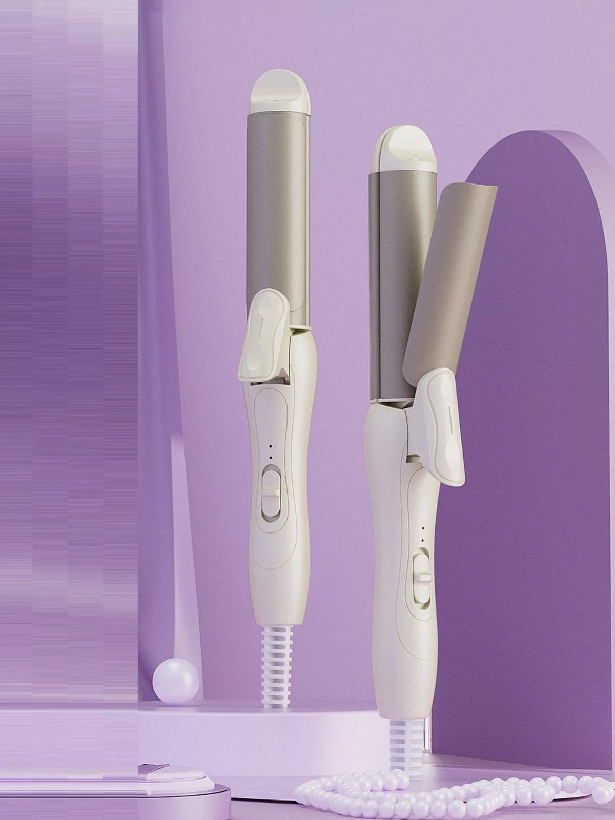 Lavender curling iron held in hand