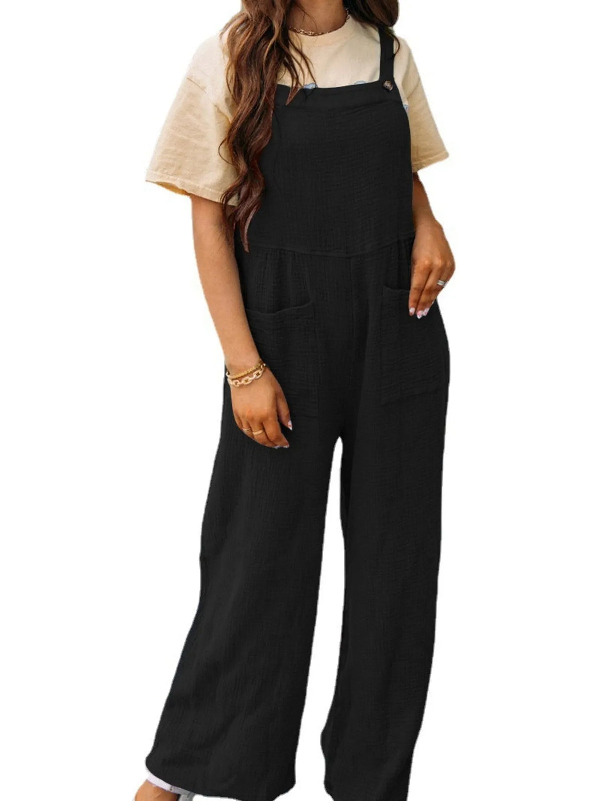 Casual Wide Leg Textured Overalls, view 33