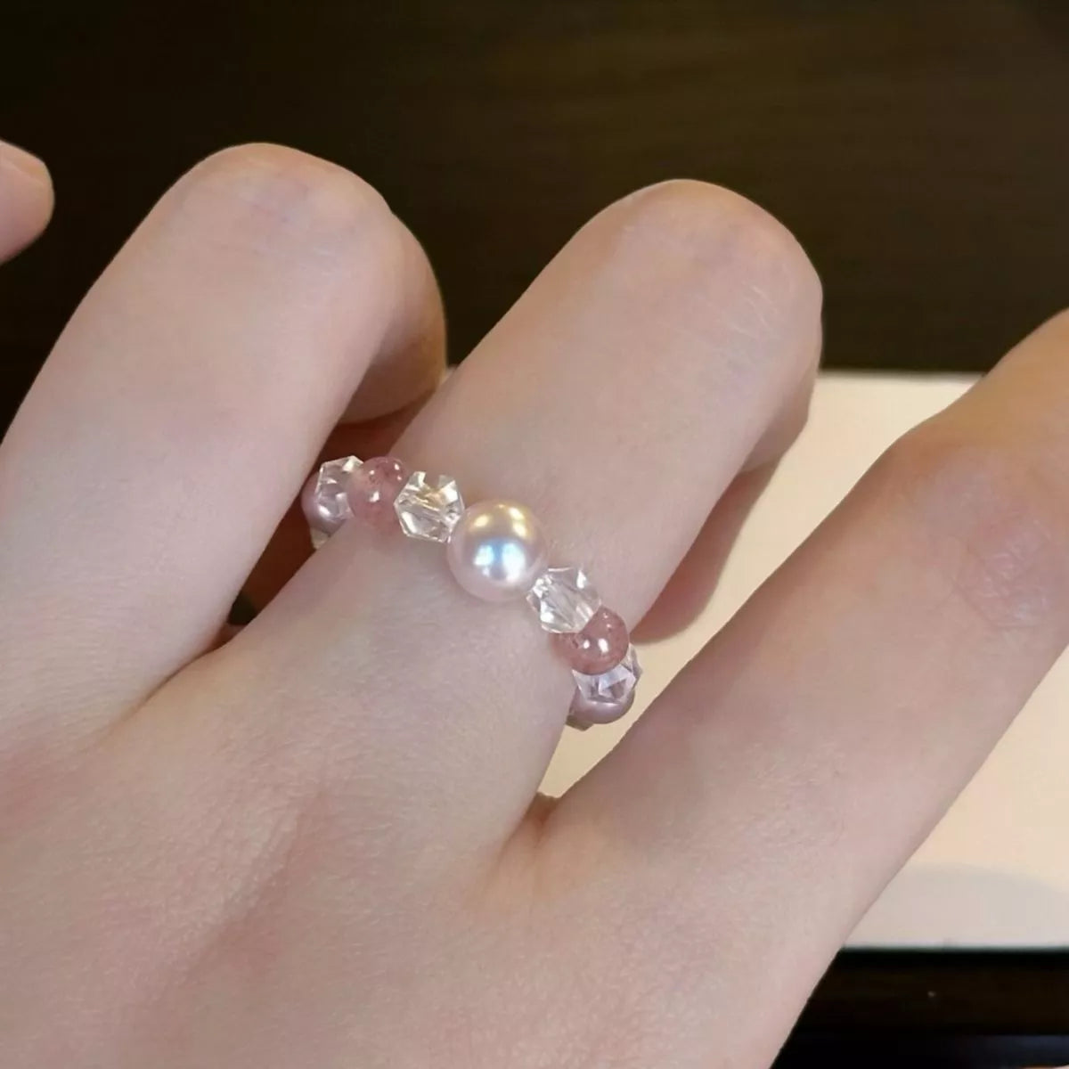 Pearl and crystal bead ring side view
