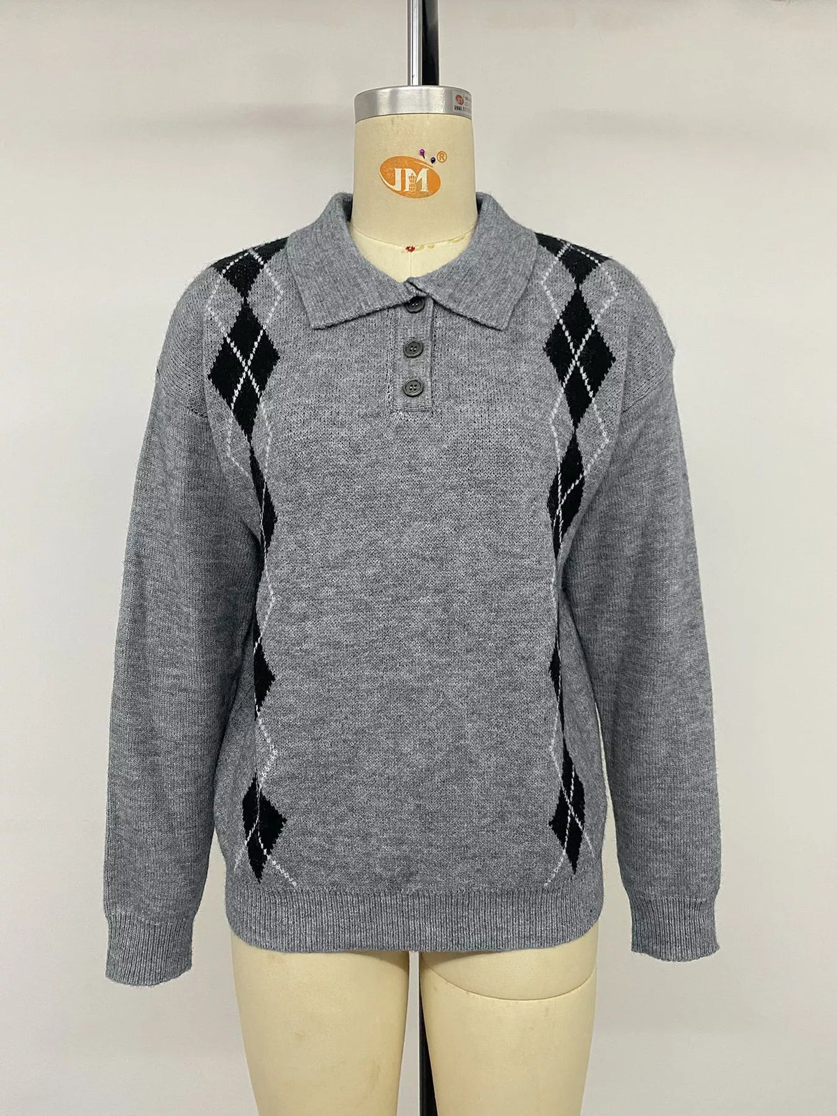 Argyle Polo Collar Ribbed Sweater view 10