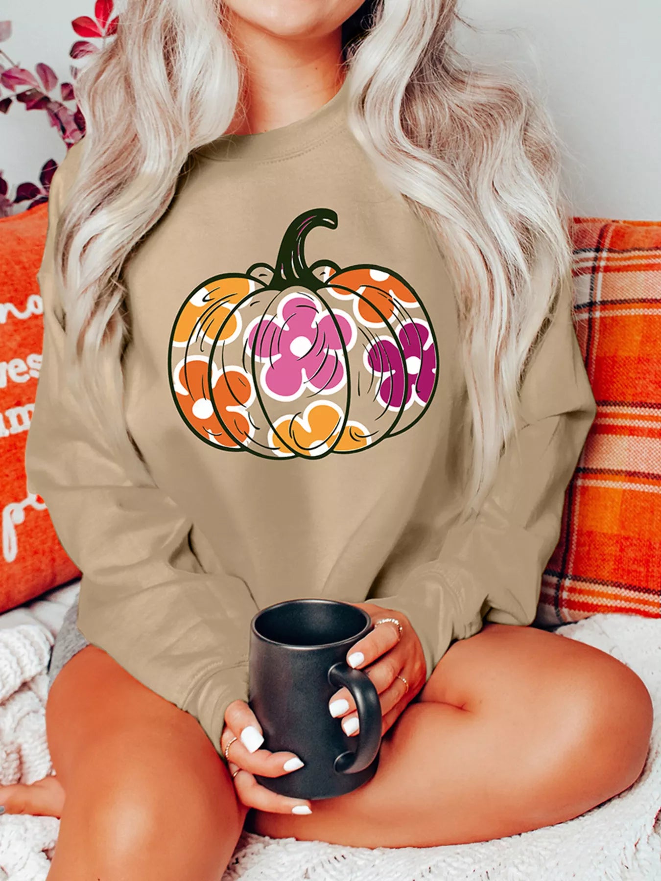 Halloween Floral Pumpkin Graphic Drop Shoulder Sweatshirt Khaki - Fashorio