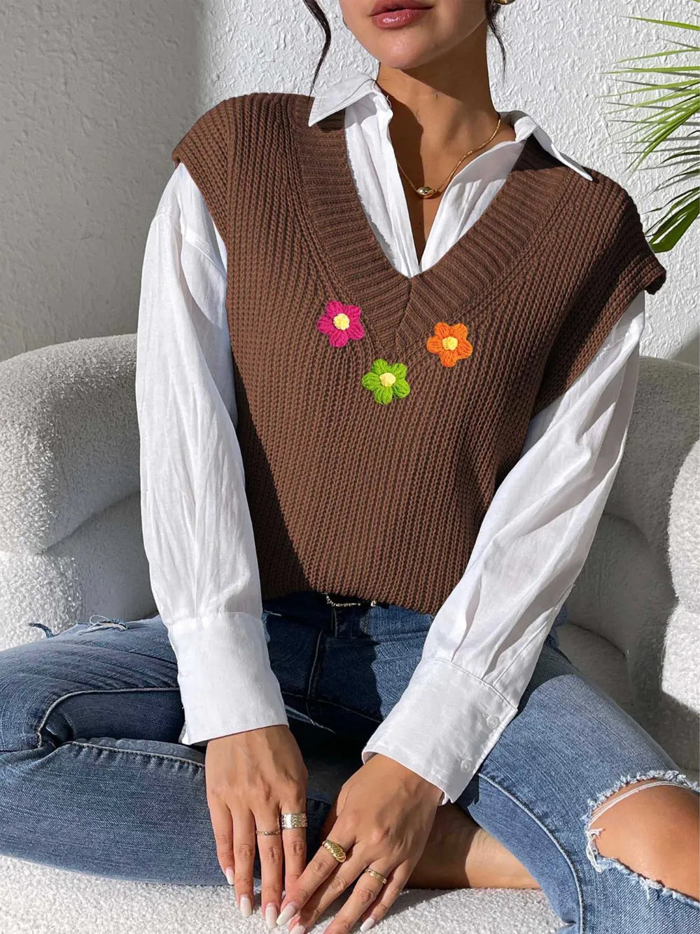 Floral V Neck Sweater Vest in Ivory view 9