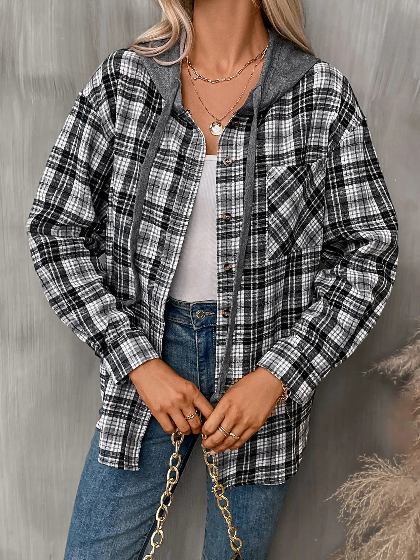 Plaid Button-Up Hooded Shirt - Fashorio