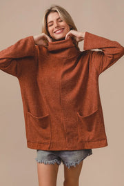 BiBi Piper Rib Double Pocket Turtle Neck Sweater RUST - Fashorio