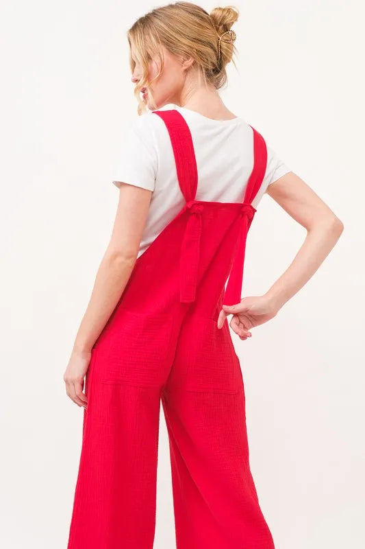 Gauze Loose Fit Tied Back Overalls on model