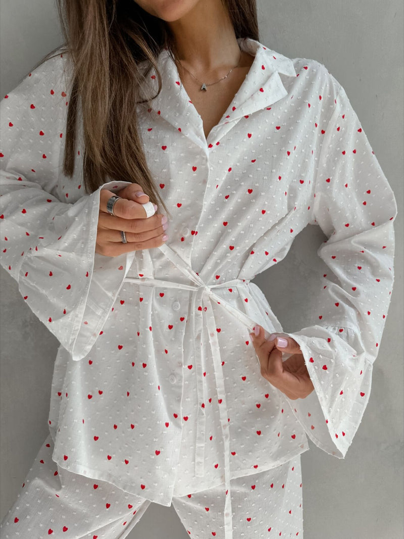 Heart print long sleeve top and pants two piece lounge set front view