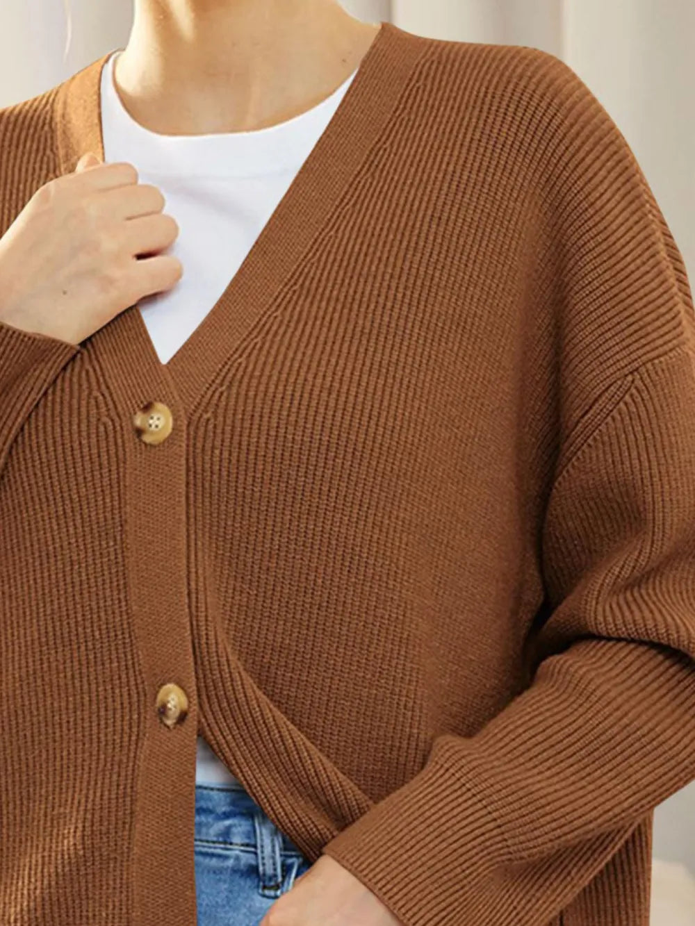 Button Down V-Neck Long Sleeve Cardigan - Fashorio