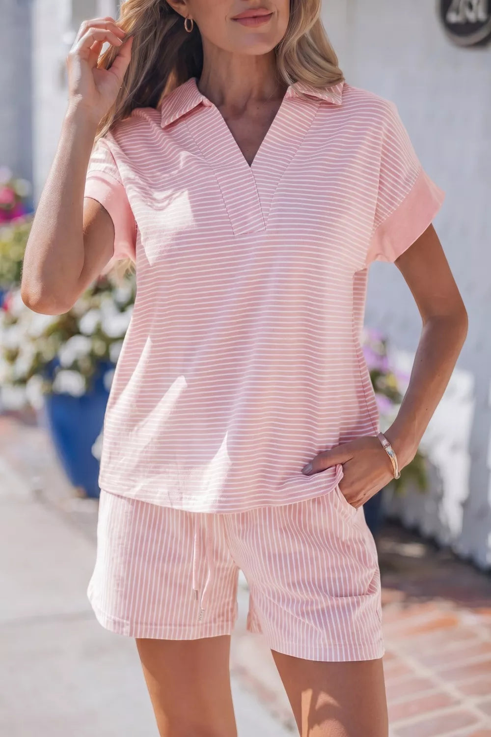 Blush pink stripe dolman polo and shorts two piece set