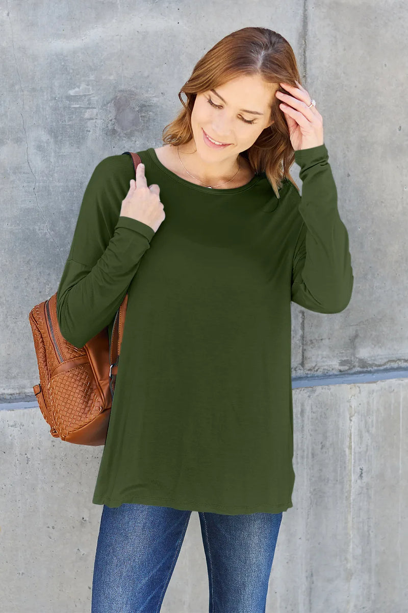 Basic Bae round neck dropped shoulder tee front view on model
