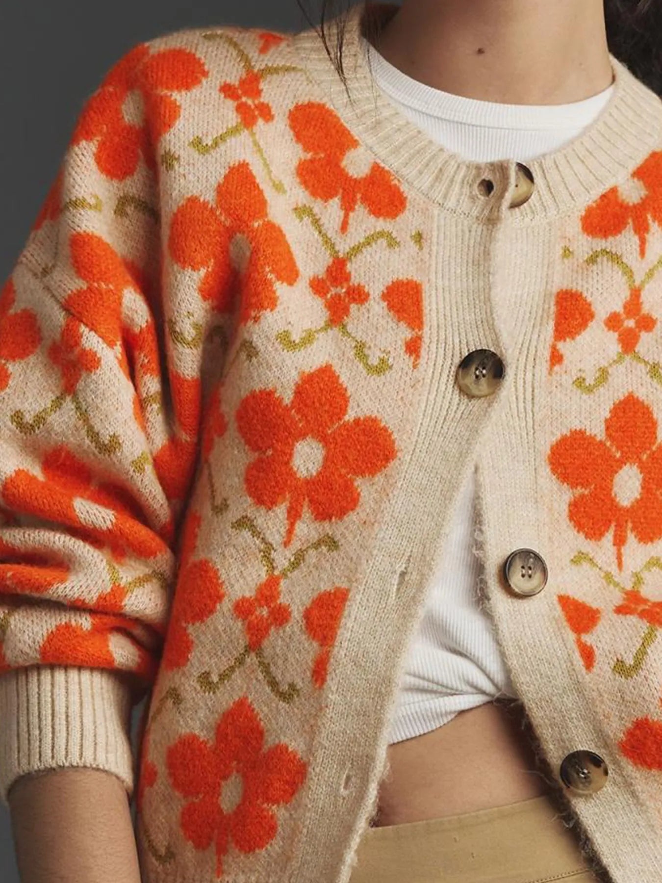 Flower Button Up Long Sleeve Cardigan - Fashorio