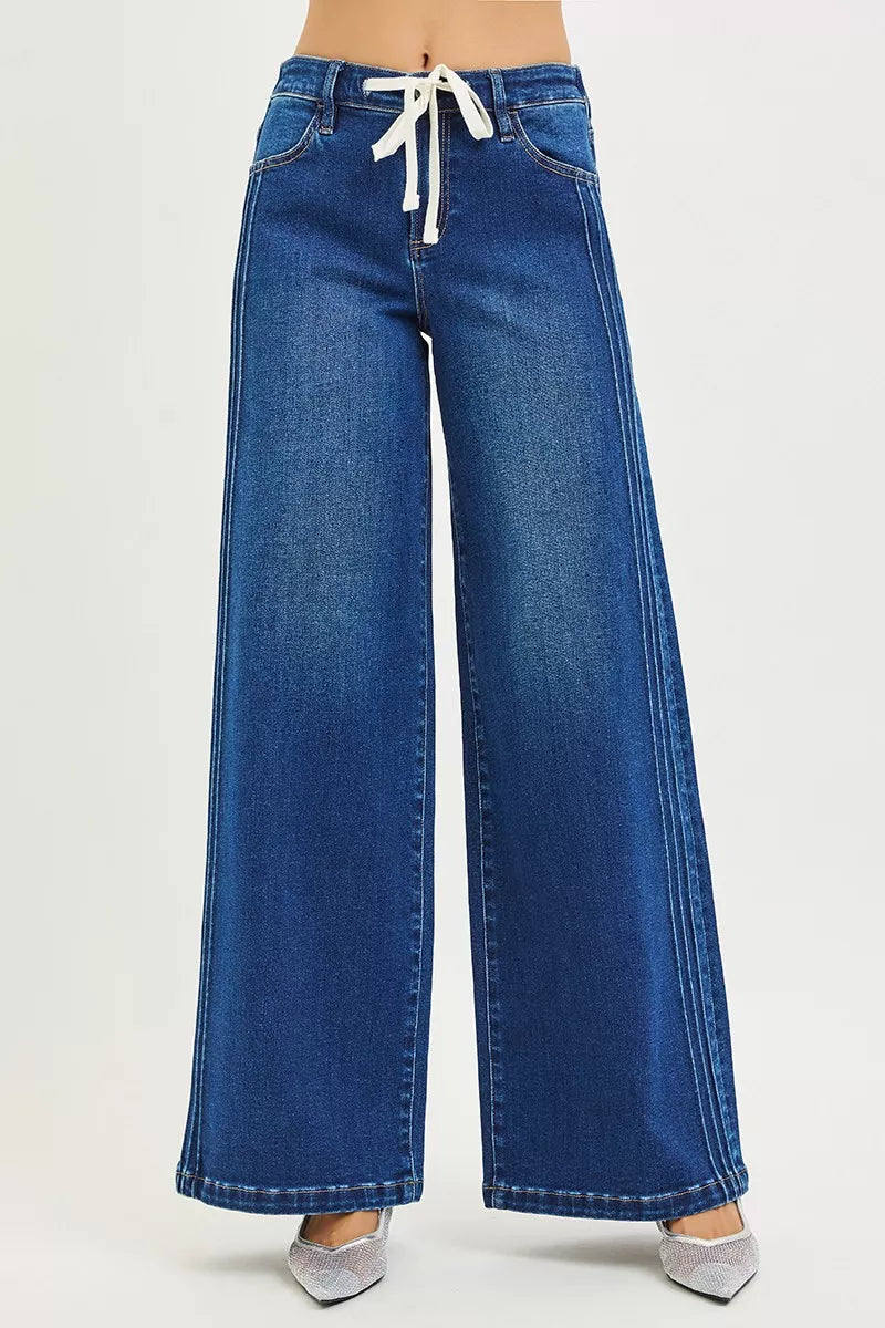 RISEN pintuck drawstring wide leg jeans front view