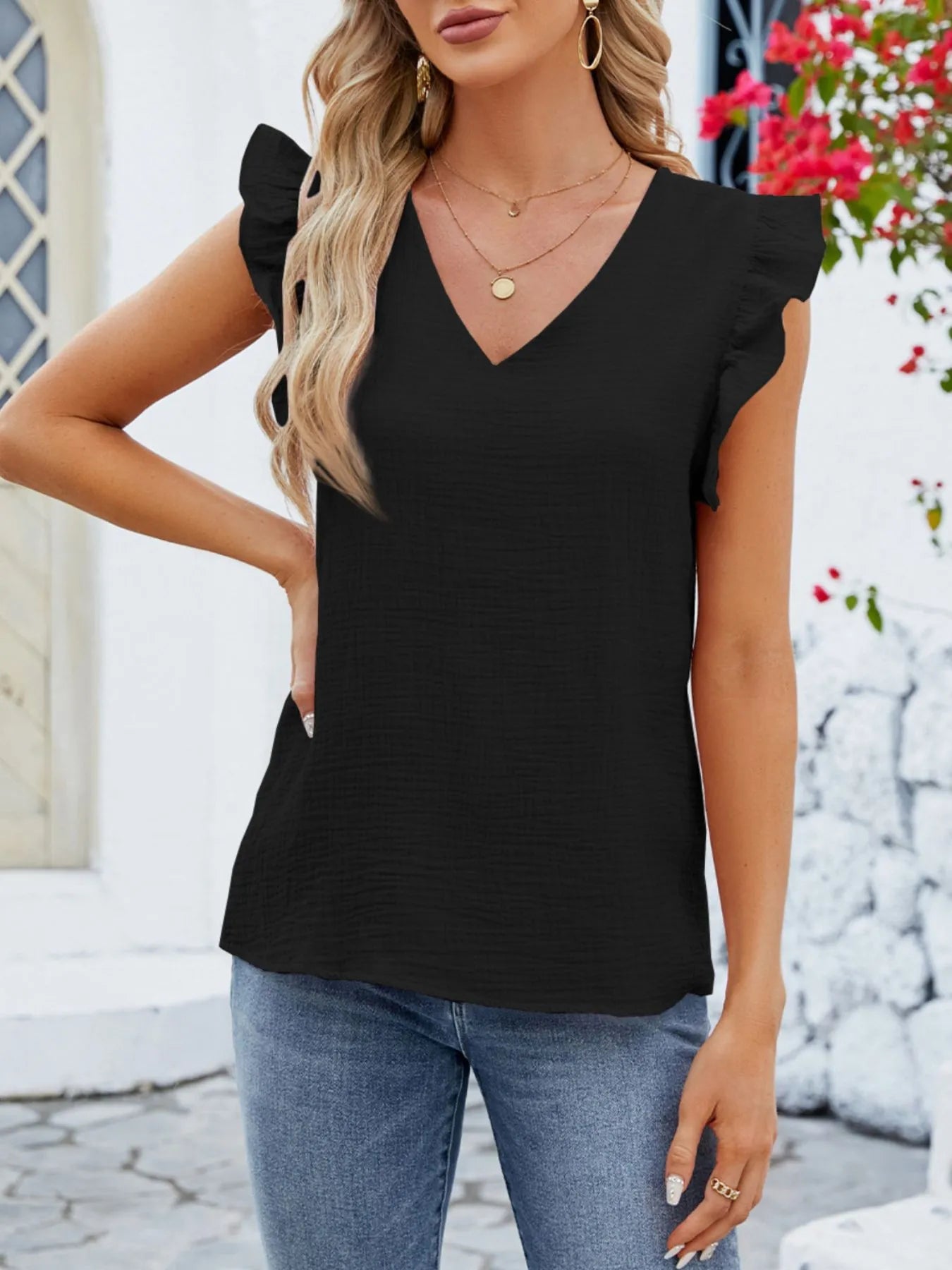 V-Neck Ruffled Sleeve Top - Fashorio