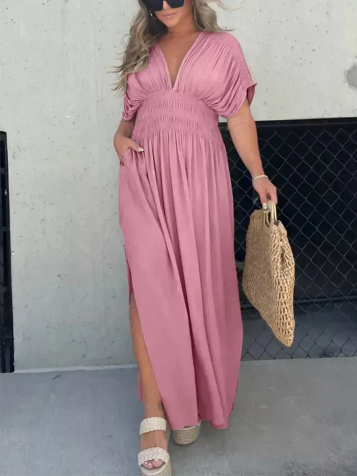 Slit V neck smocked waist maxi dress styled look