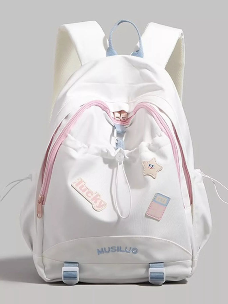 Drawstring contrast nylon backpack in white front view