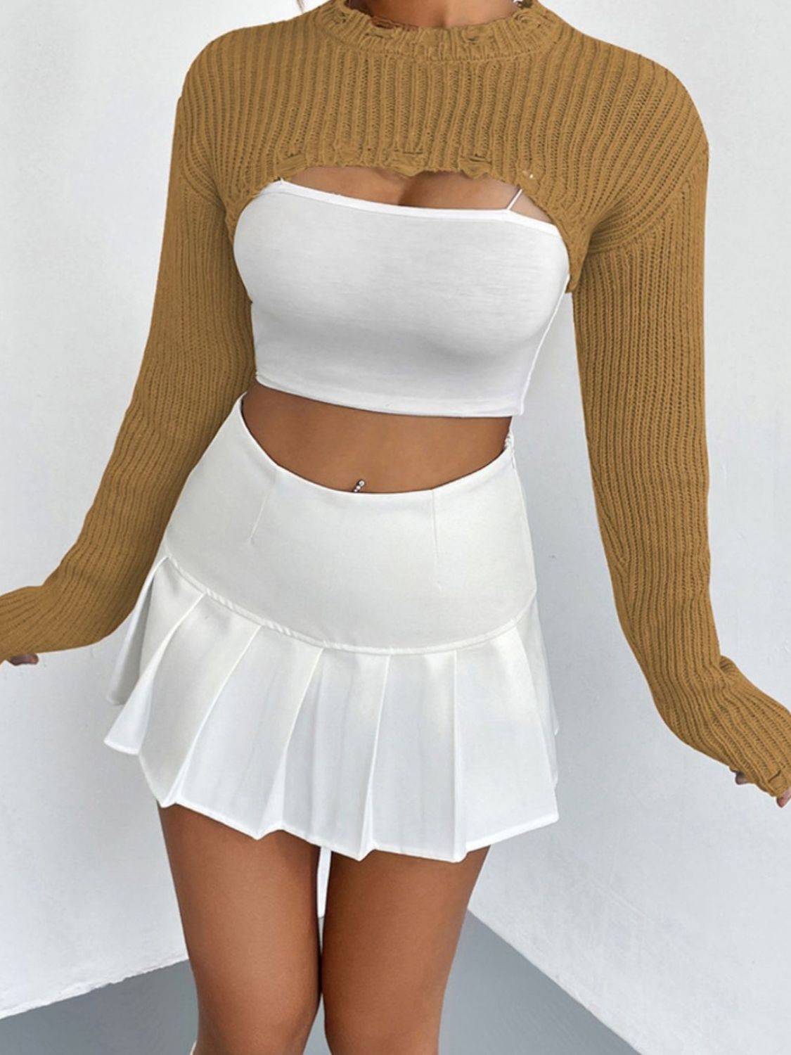 Distressed Long Sleeve Cropped Sweater - Fashorio