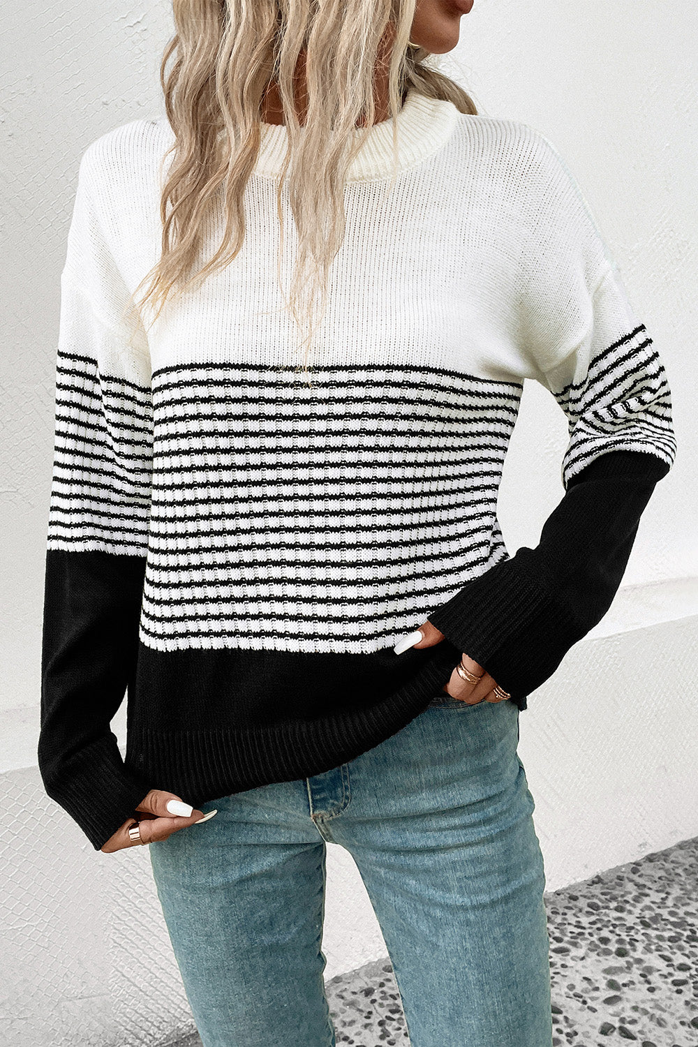 Perfee Striped Drop Shoulder Sweater - Fashorio