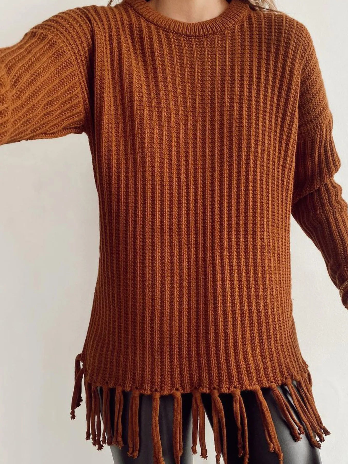 Fringe Round Neck Long Sleeve Sweater Burgundy - Fashorio