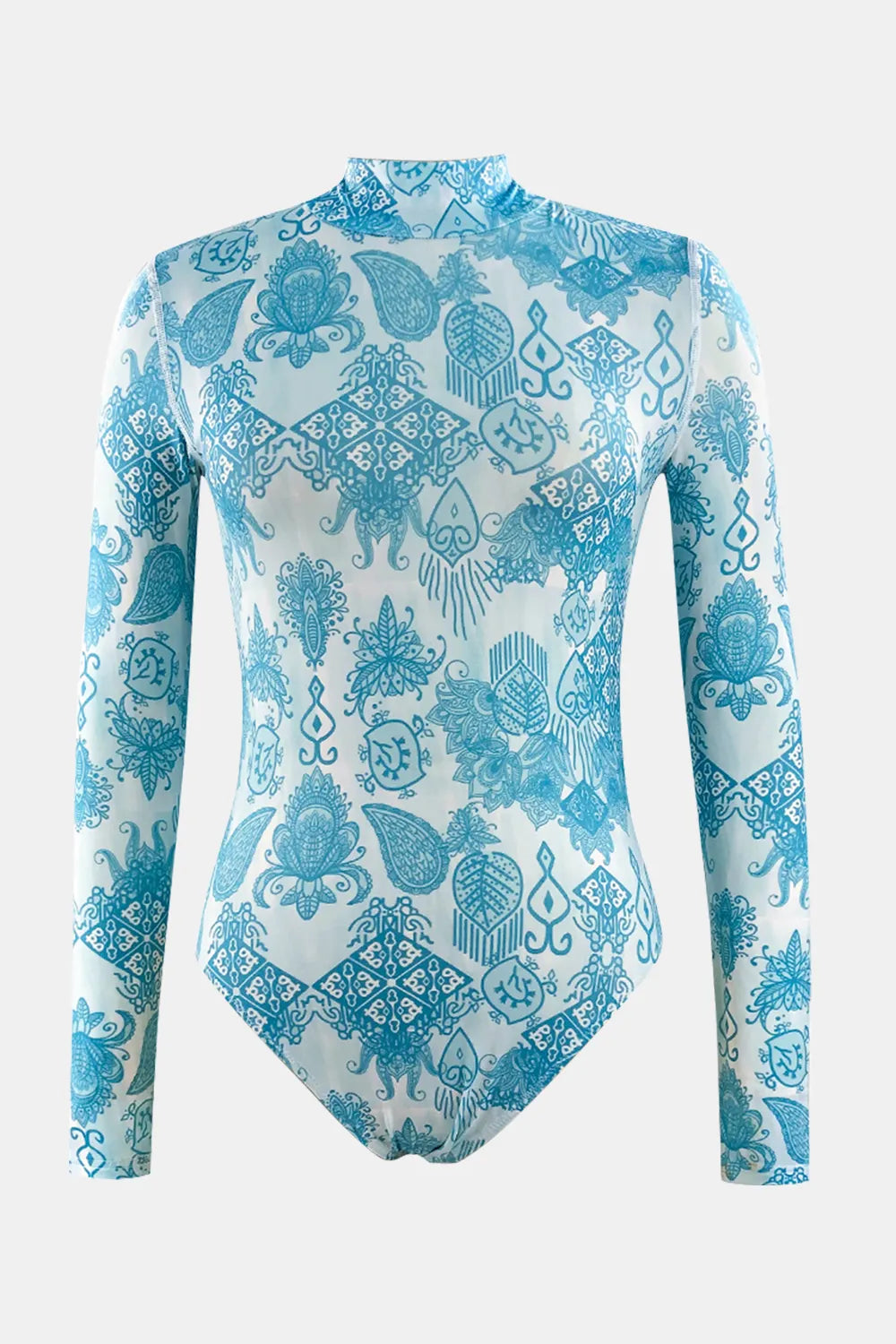 Printed Mock Neck Long Sleeve One-Piece Swimwear - Fashorio