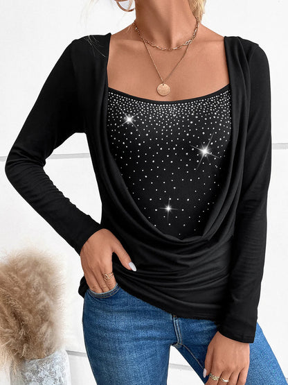 Rhinestone Ruched Long Sleeve T-Shirt - Fashorio