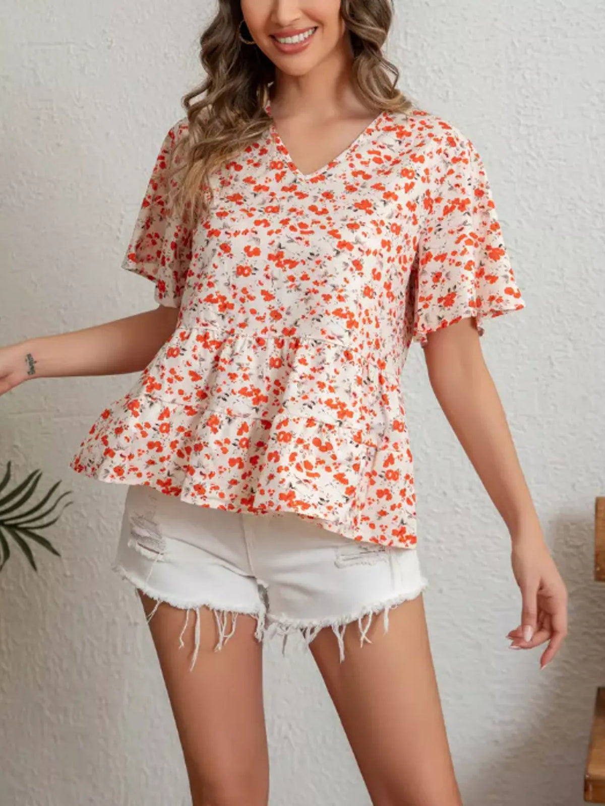 Floral print V neck ruffle sleeve peplum blouse back view