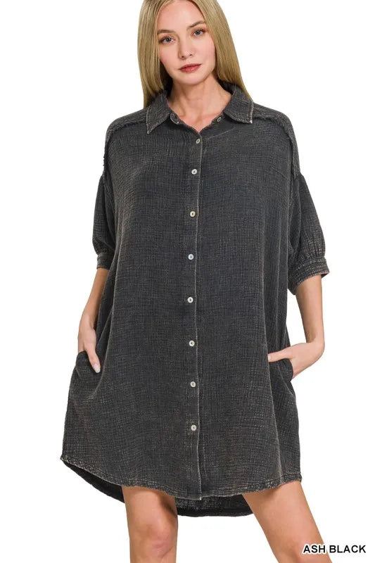 Washed Double Gauze Button Down Shirt Dress in Ash Black detail