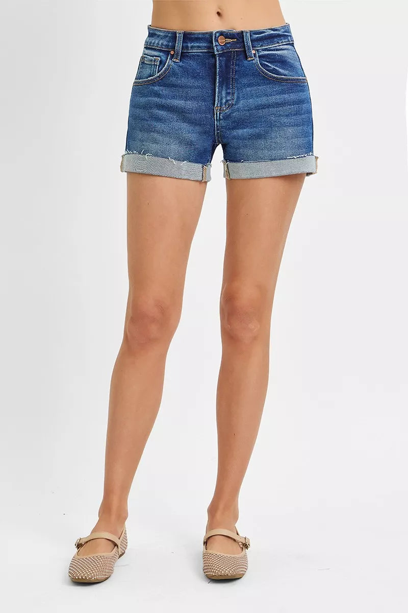 Dark wash denim low rise cuffed shorts front view