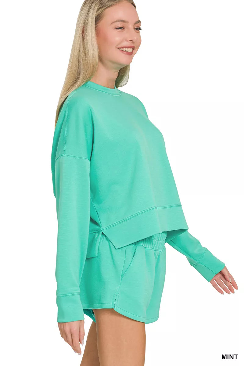 Mint matching sweatshirt and shorts set side view