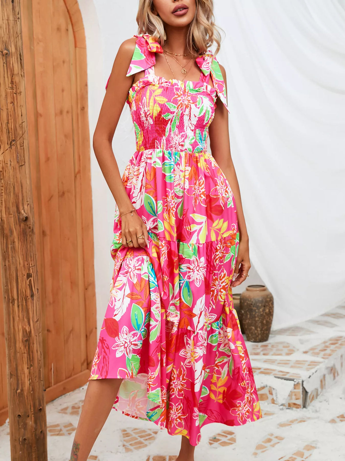 Tropical print smocked tie strap dress styled view