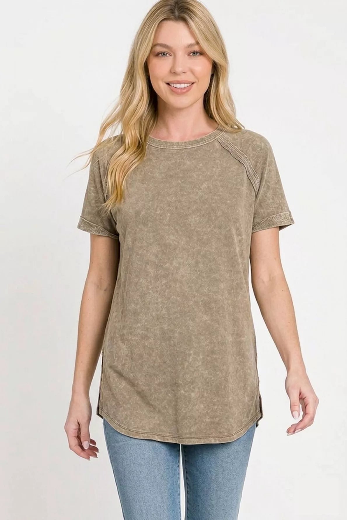 Zenana mocha french terry curved hem top, side view