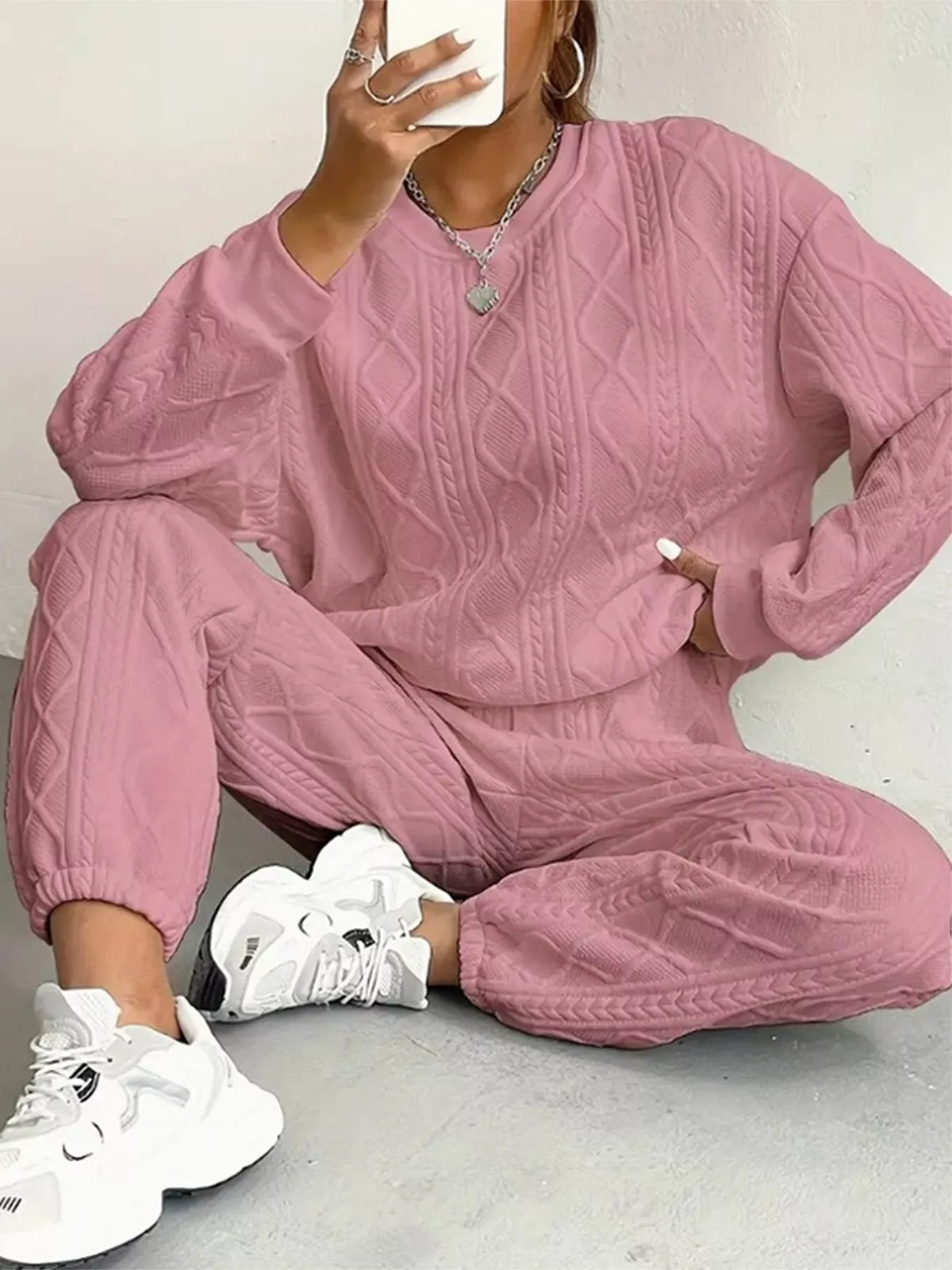 Matching textured round neck top and pants set back view