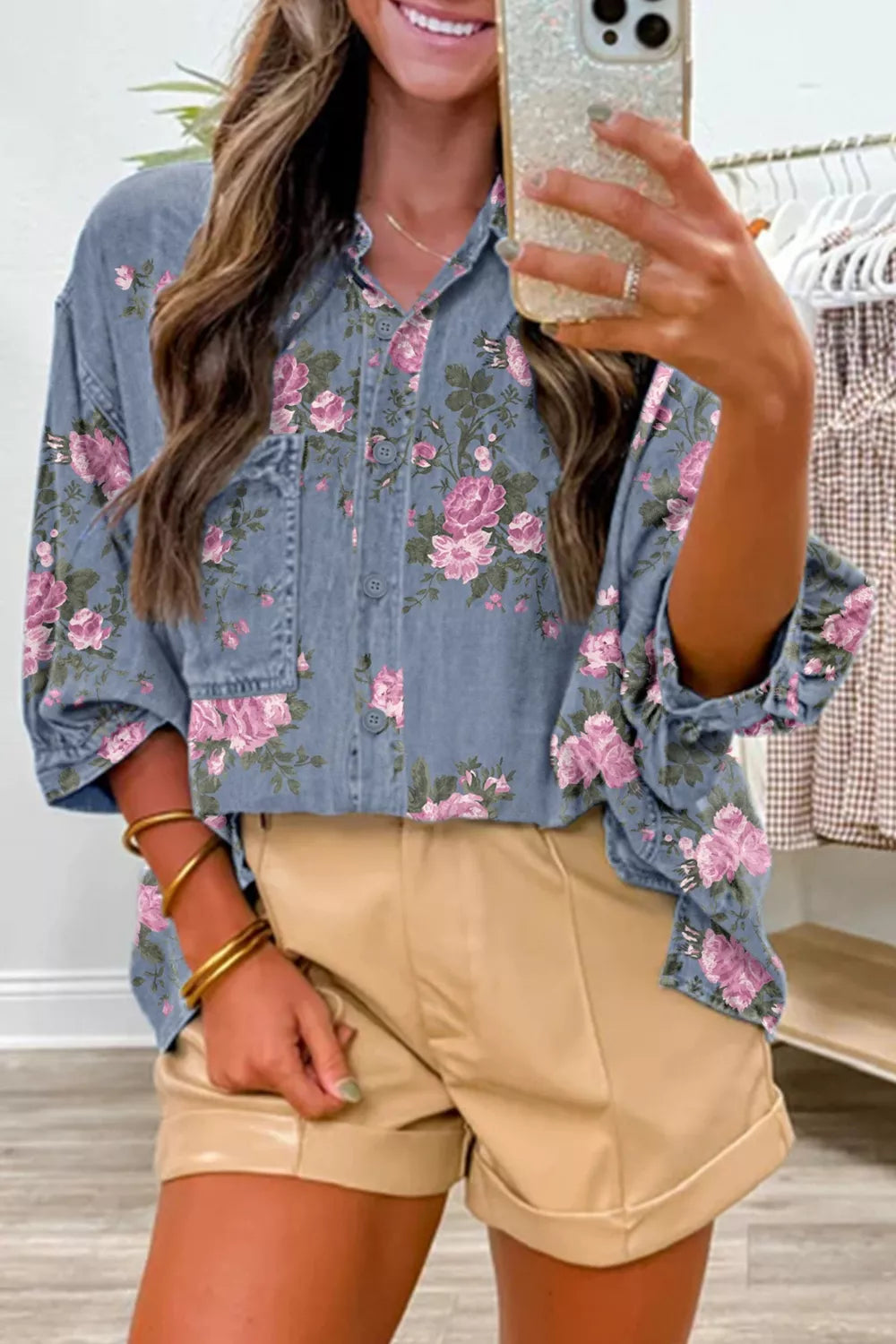 Floral print button up denim shirt in dusty blue, front view