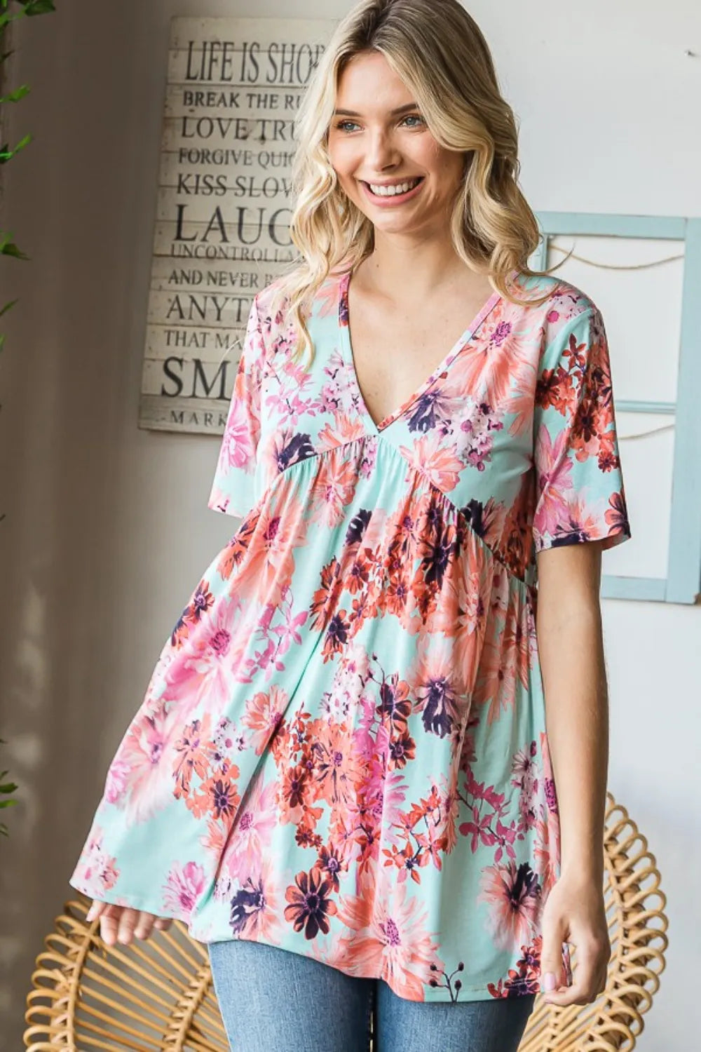 Heimish Full Size Floral V-Neck Short Sleeve Babydoll Blouse - Fashorio