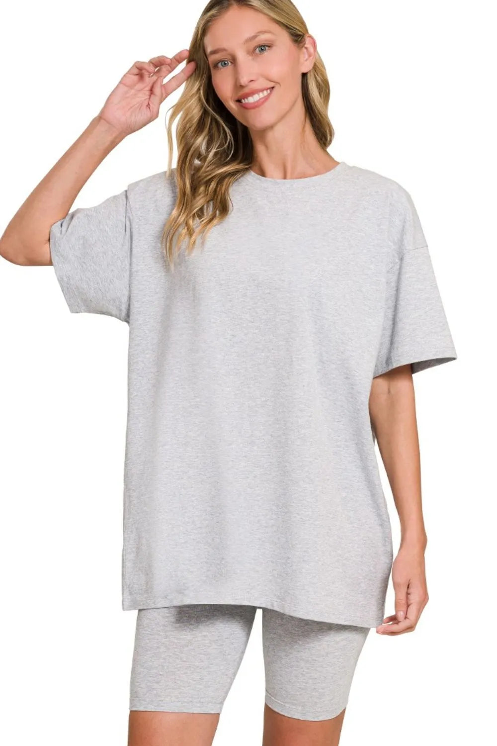 Zenana Cotton Round Neck Top & Biker Shorts H GREY - Fashorio