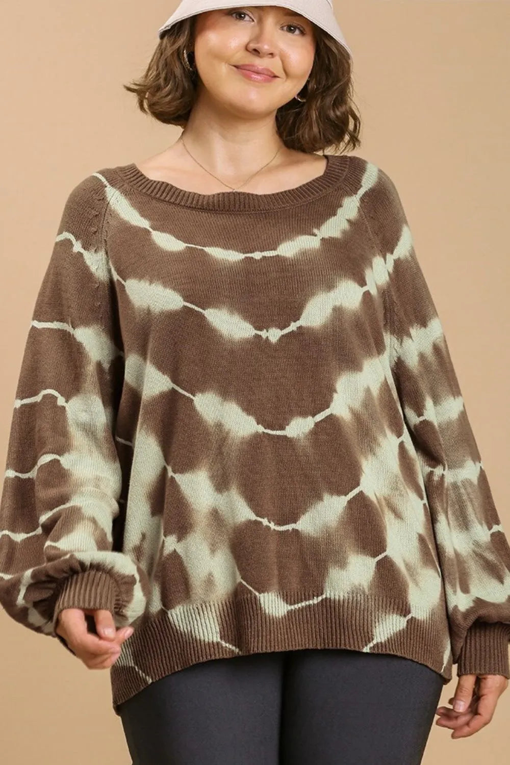 Tie Dye Ribbed Hem Round Neck Sweater Plus Size in Coffee Brown styled look