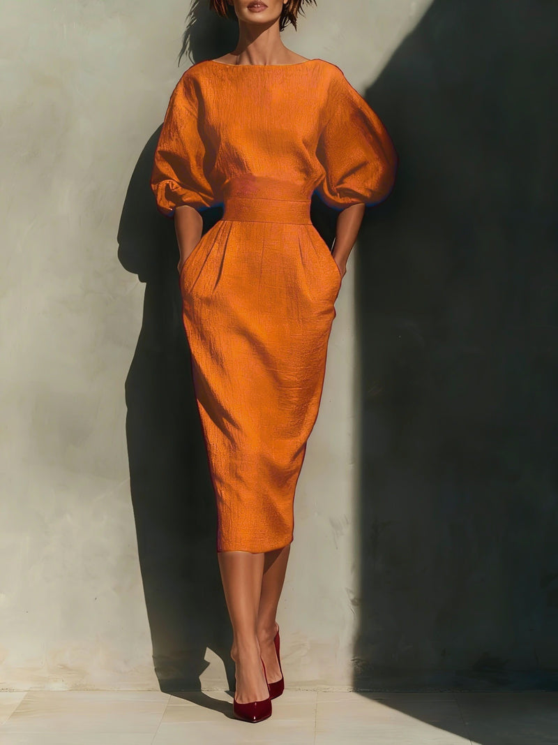 Round neck puff sleeve midi dress front view