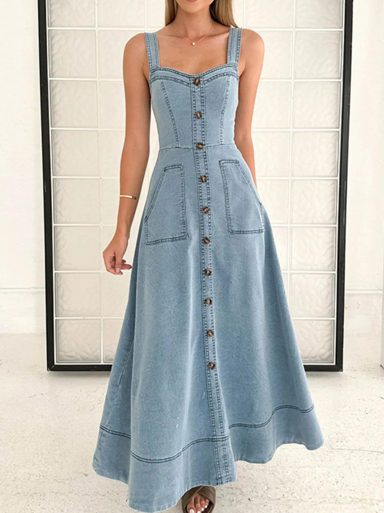 Wide Strap Sweetheart Neck Denim Dress Light Blue - Fashorio