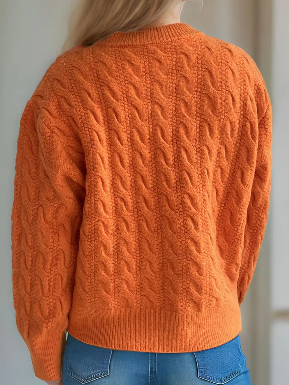 Cable-Knit Round Neck Long Sleeve Cardigan - Fashorio