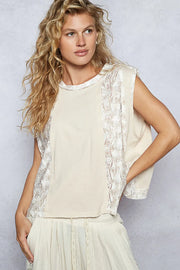 POL Round Neck Sleeveless Top with Floral Contrast ALMONDMULTI - Fashorio
