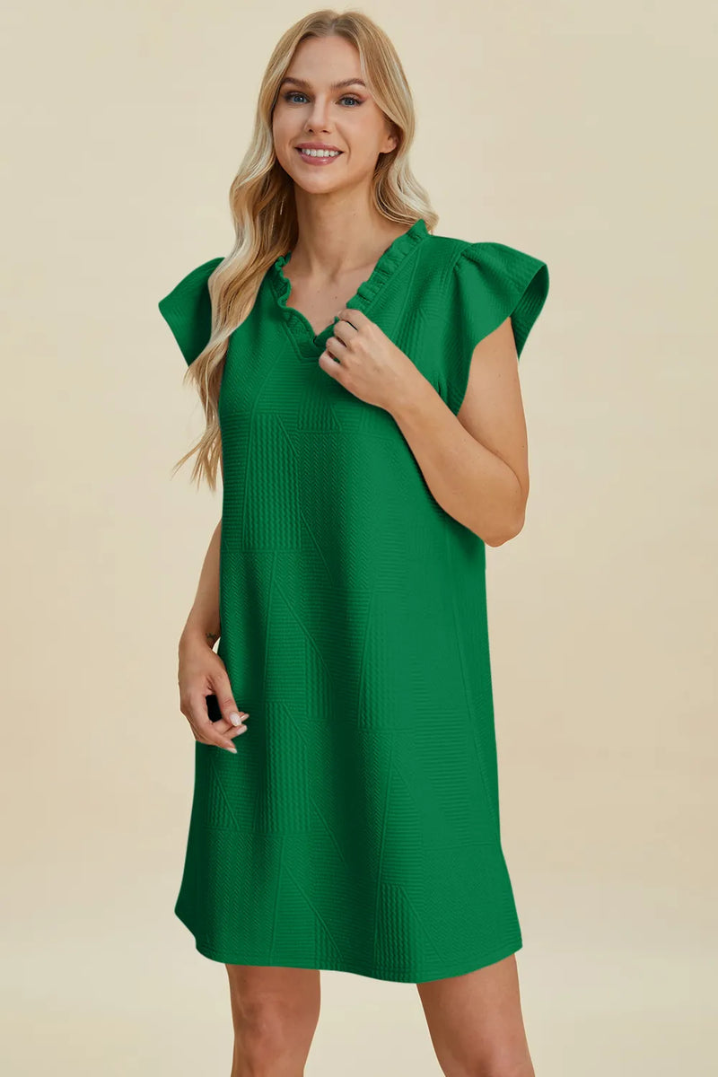 Ruffled V neck cap sleeve dress front view