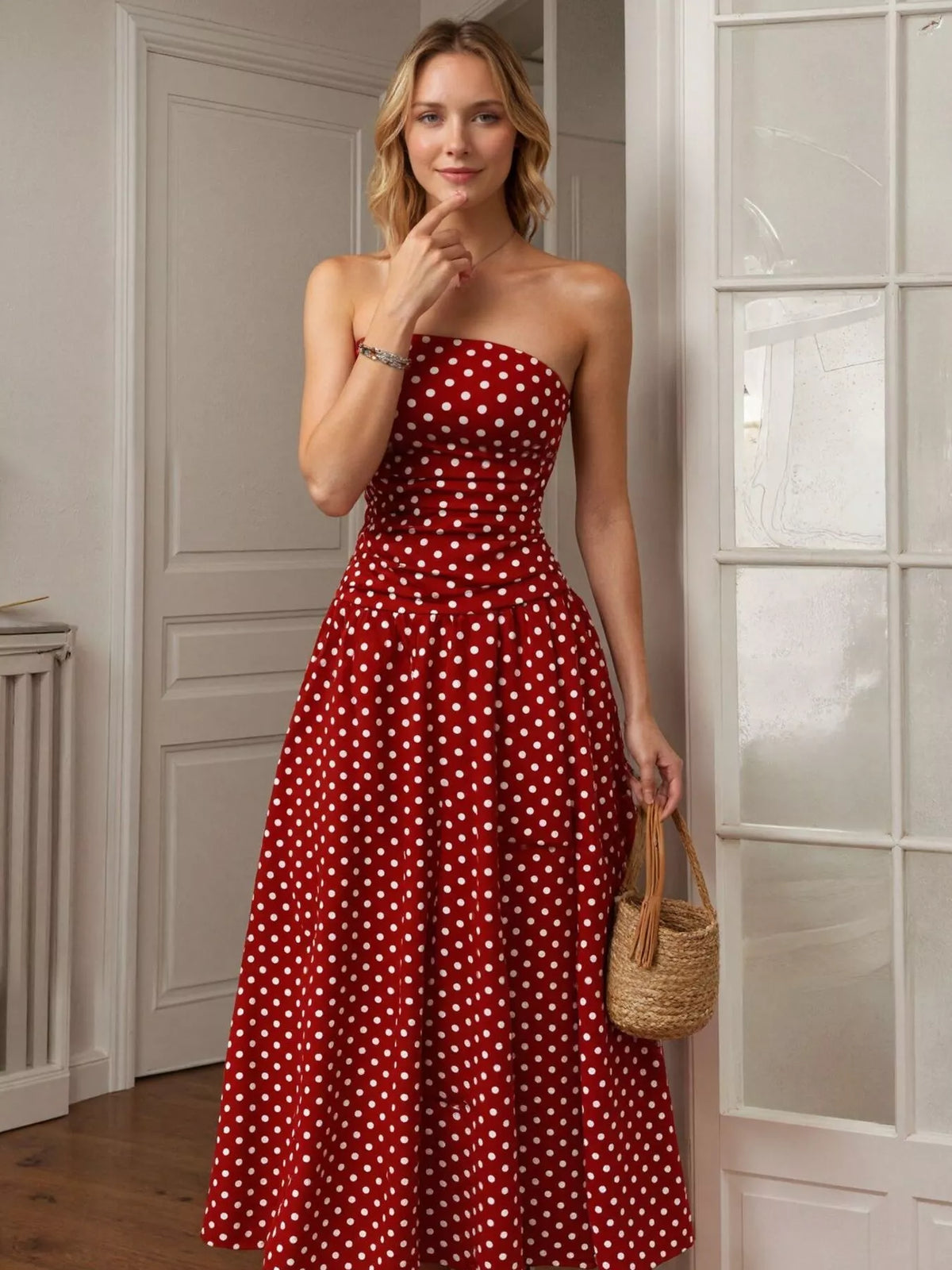 Polka dot strapless maxi dress full length view