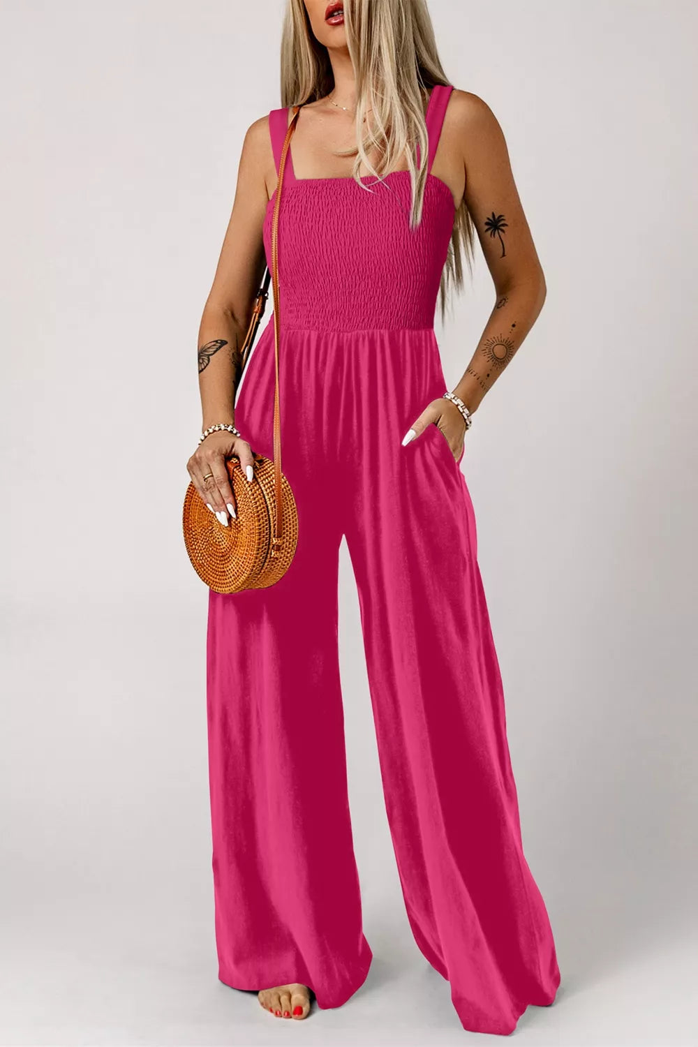 Smocked wide leg jumpsuit front view