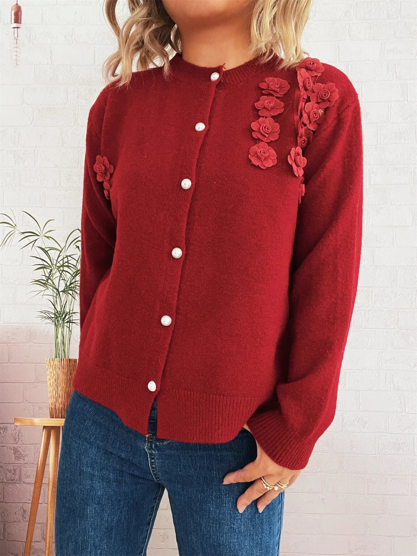 Flower Button Up Long Sleeve Cardigan - Fashorio