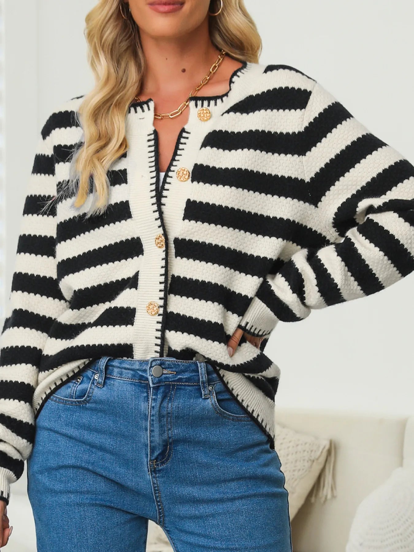 Button Down Striped Long Sleeve Cardigan - Fashorio