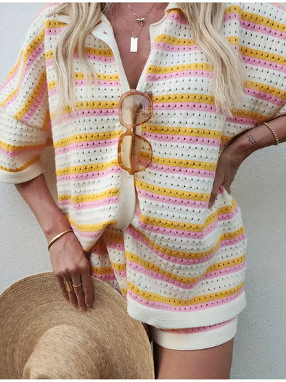Colorful Striped Button Up Top and Shorts Sweater Set - Fashorio