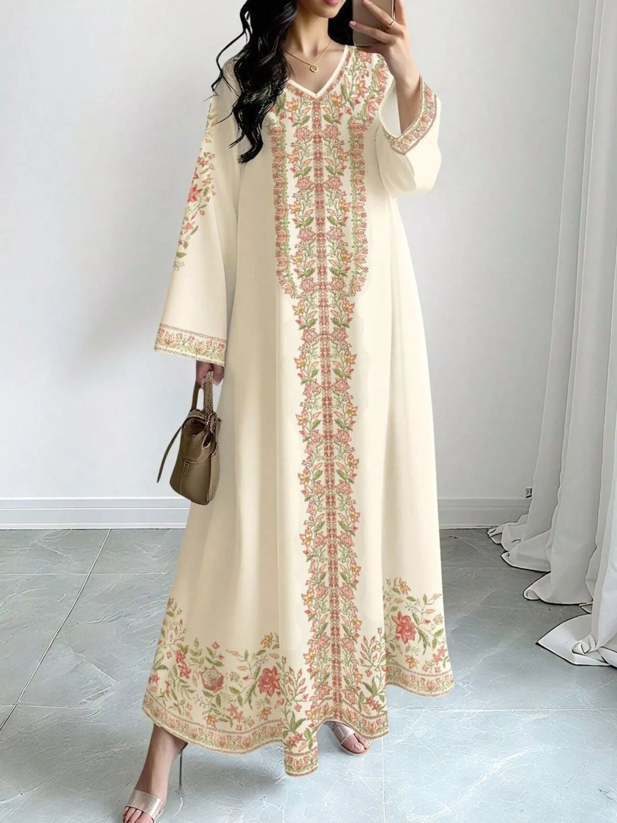 floral long sleeve maxi dress front view