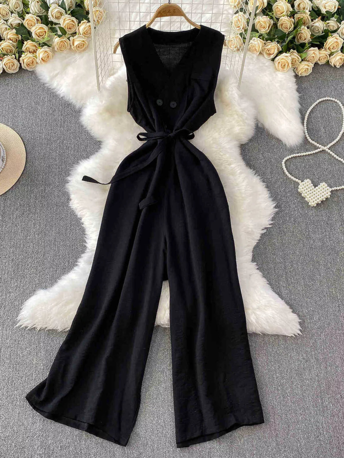Burgundy sleeveless wide leg jumpsuit front view
