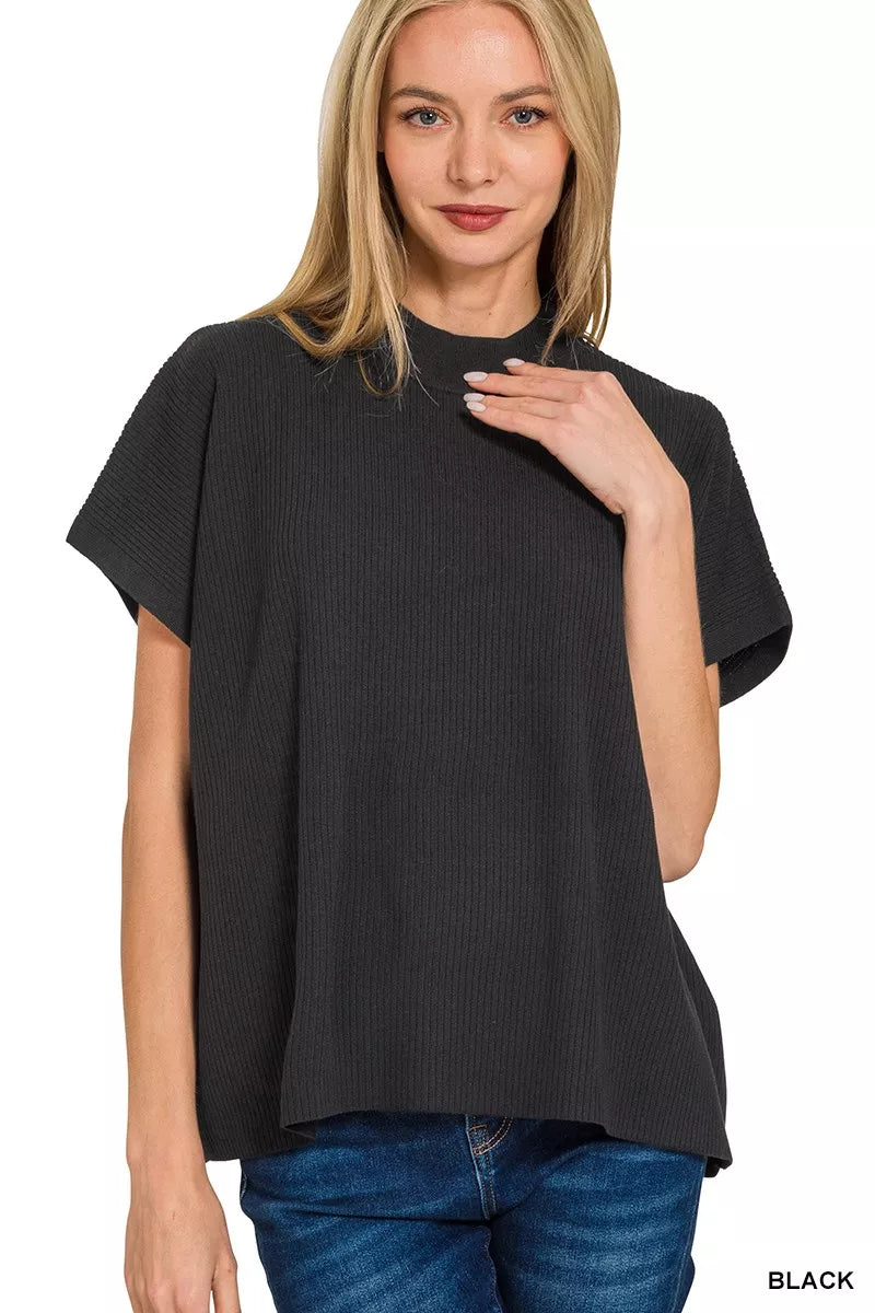 Black viscose mock neck boxy sweater front view