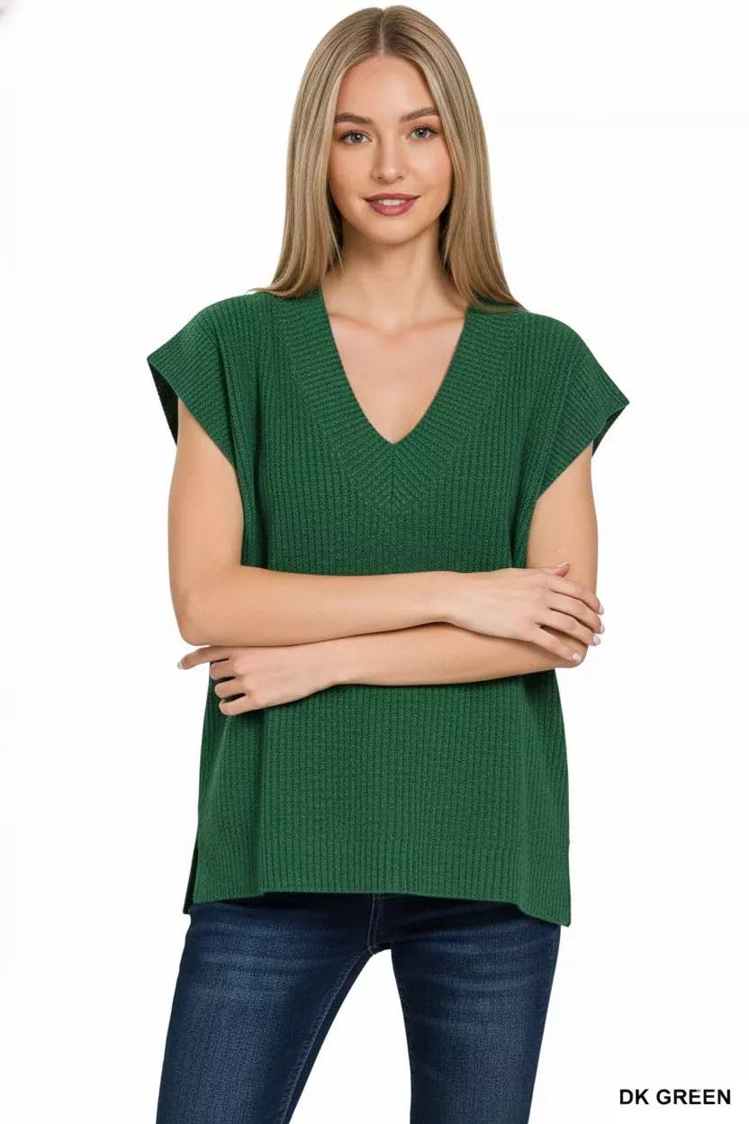 Ribbed Side Slit V Neck Sweater Vest in Dark Green back view